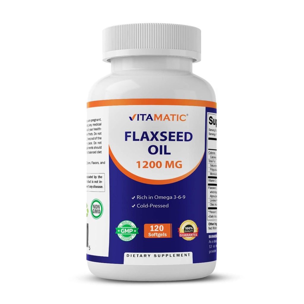 Olej z nasion oleistych Vitamatic 1200 mg - 120 Softgels Cold- Pressed Flaxseed Oil z 675 mg ALA Omega-3 - Pomaga Heart Health & Ogólnie Wellness