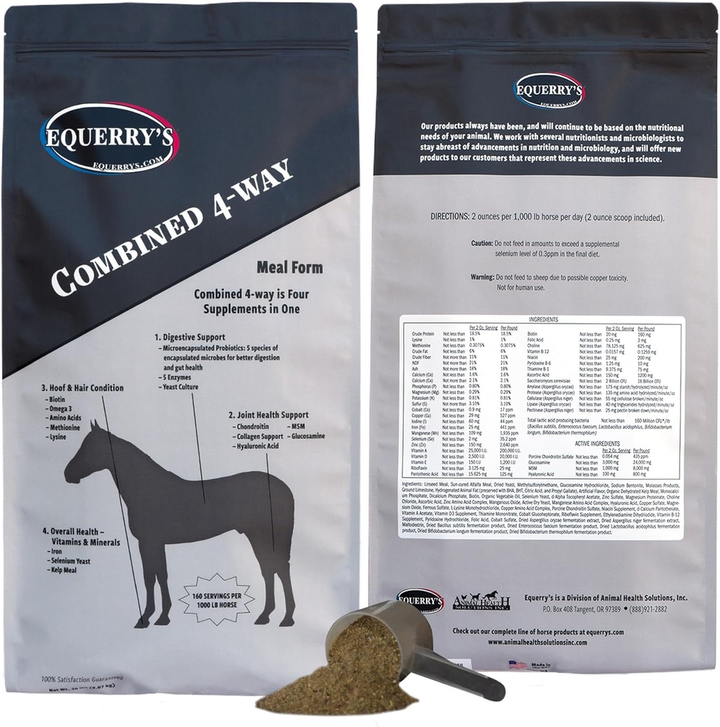Equerry 's Combined RX 4 Way Assistance 124; Equine Nutritional Support Assistance 124; Complete Formula Assistance 124; Digestive and Joint Support Assistance 124; Hoof & Hair Assistance 124; Probiotics Vitamins & Minerals 160 Feedings, 20lb.