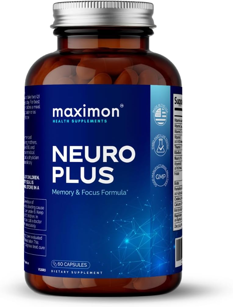 Neuro Plus Nootropiki Premium, Wzmacnianie kognitywne, Witaminy do Pamięci i Skupiania, Jasność Mental z Bacopa Extract, GABA, Huperzine A i DHA, 60 Kapsułki
