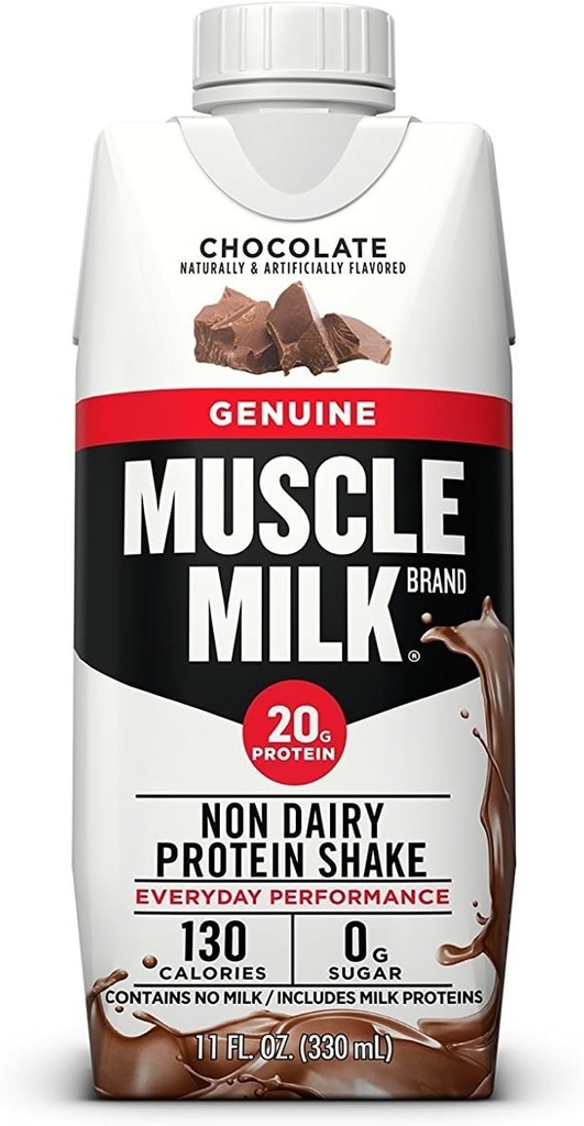 Mięśnie Mleko Genuine Protein Shake, Czekolada, 11 Fl Oz Pudełko, 12 Pack, 25 g Protein, Zero Sugar, Wapń, Witaminy A, C & D, 5g Fiber, Energizing Snack, Recovery Workout, Packaging May Vary