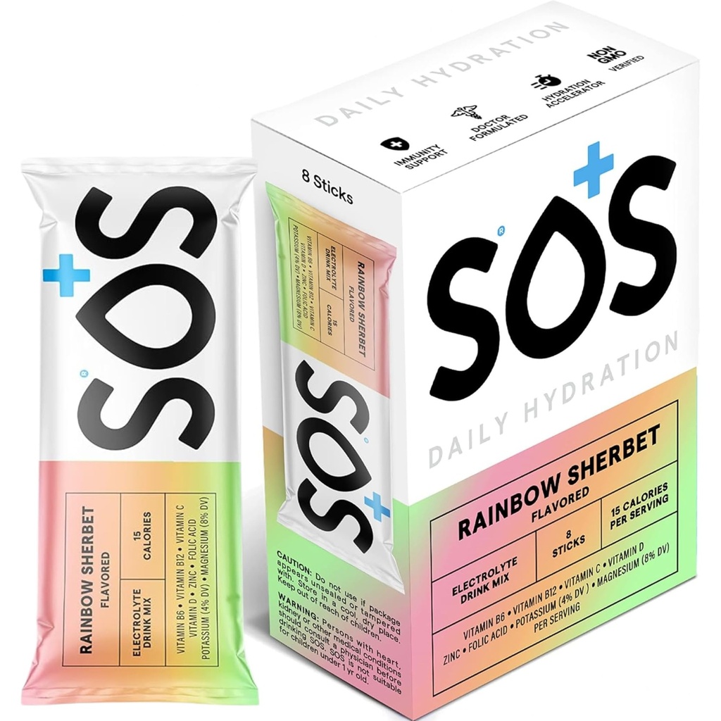 SOS Hydration Electrolyte Powder Stick Packs: 124; Niski cukier: 124; Szybkie nawadnianie: 124; Wyprodukowane w USA: 124; Keto: 124; Rainbow Sherbert