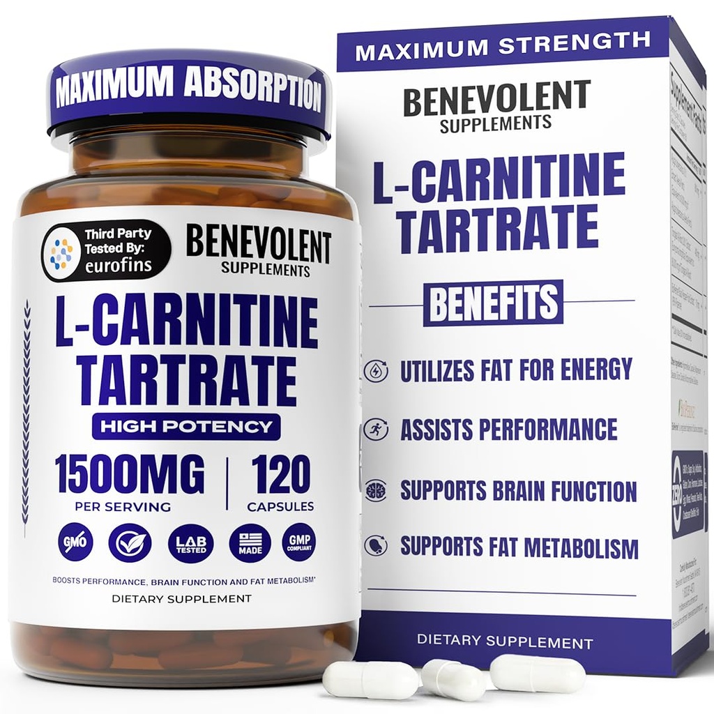 Dobroczynny dodatek karnityny L - Wysoka moc 1500mg winian L- karnityny - Szybkie wchłanianie, Konwertuj tłuszcz do energii, Support Lean Muscle, Boost Workout Performance & Metabolizm - 120 Kapsułki wegańskie