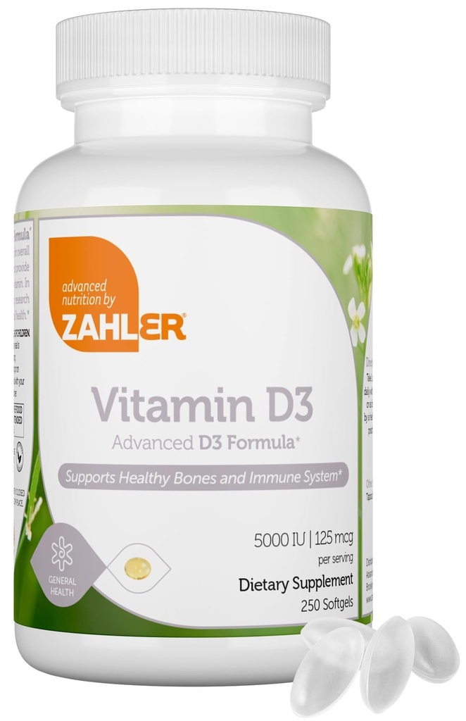 Zahler - Zaawansowana witamina D3 5000 IU Softgels (250 Count) Koszerny Wegetariański Przyjazny Witamina D dla immunologicznego wsparcia, kości, zębów i zdrowia mięśni - Daily D3 Suplement witaminy dla dorosłych - Easy Swallow V