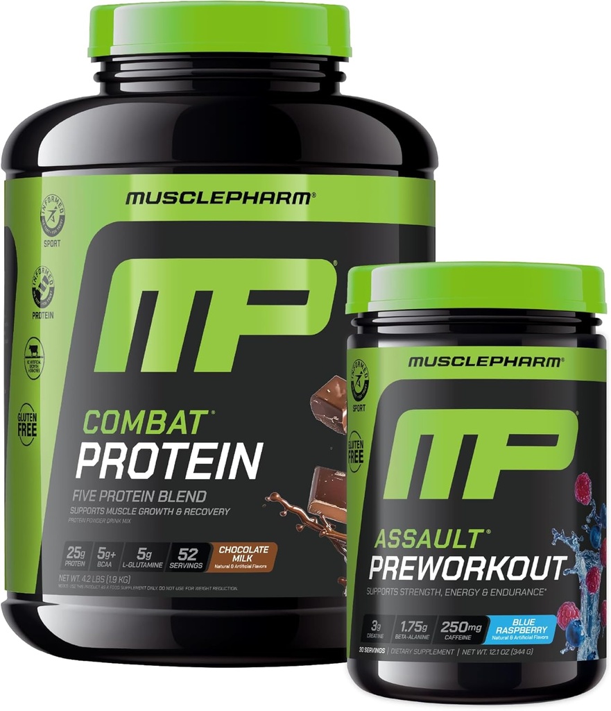 Mięśnie Pharm Combat 4lb Czekoladowy Białko i MusclePharm Assault Blue Malina Przed-Trening