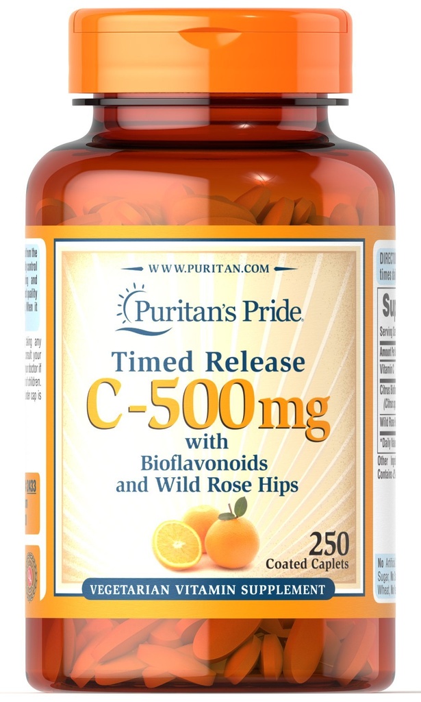 Puritan Pride Witamina C 500 mg z Rose HIPS Kaplets, 250 Hrabia