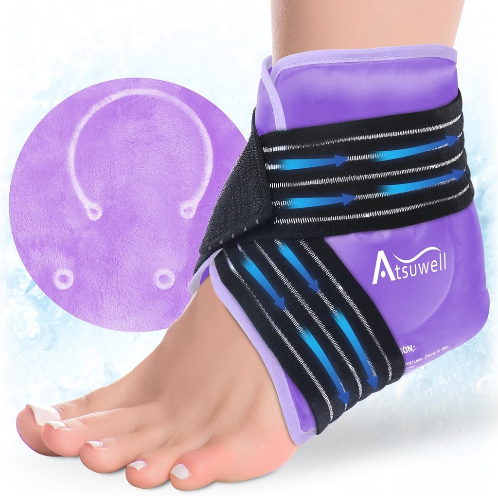 Atsuwell Ankle Ice Pack Wrap, wielokrotnego użytku żel Ice Cold Packs for Ankle Foot Heel, Foot Ice Wrap z miękkim pluszowym Linning, Cold Compress Therapy for Soothing Discomfort, Purpurowy