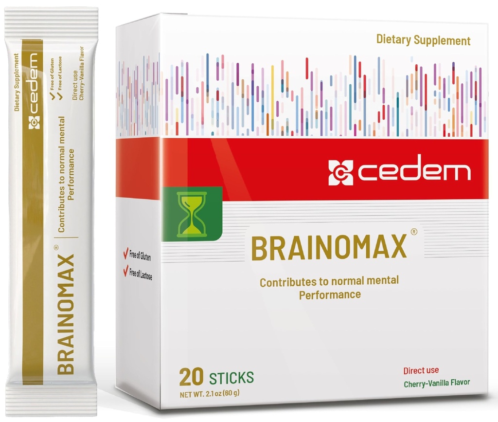 Szwajcaria BRAINOMAX 20 Puder Sticks, Suplement do Boostera Mózgu, Chery- Vanilla Flavor z Citicoline, N- Acetyl- L- Karnityna, Nootropowe suplementy mózgu dla pamięci i ostrości, Wsparcie Cognitive