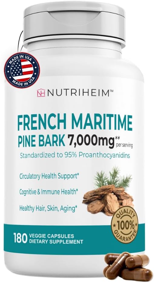 French Maritime Pine Bark Extract 7000mg z 95% Proantocyjanidyn do cyrkulacji, Heart Health, Skóra, Wsparcie kognitywne - 20: 1 Stosunek & 180 Kapsułki wegetariańskie - Non-GMO, Gluten- Free, Wegan- Friendly