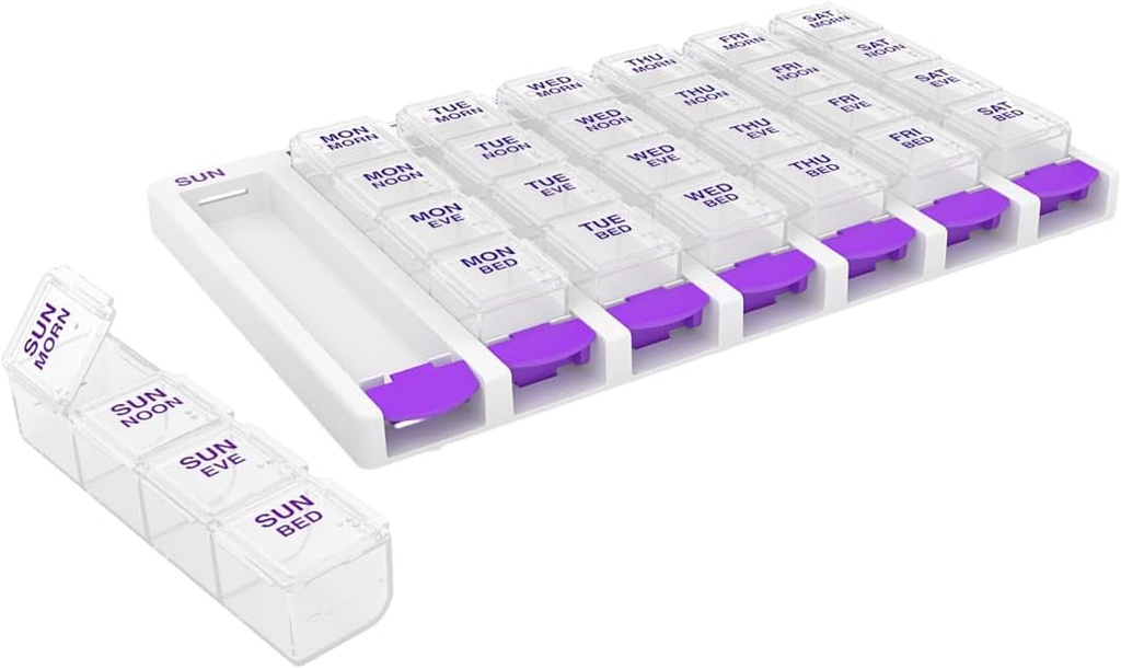 EZY DASE Tygodniowy (7 dni) 4 razy dziennie przyciskać przycisk pill organizator i planowania witaminy, Usuwalne codzienne Pillboxes, Purpurowy, Przezroczyste Lidy, Małe