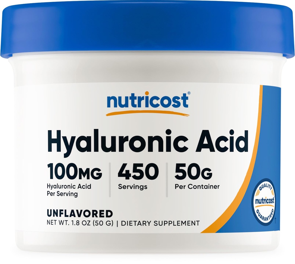Nutricost Hyaluronic Acid Powder 50 Grams - Rozpuszczalny w wodzie, Proszek drobny, Bez glutenu, Nie-GMO