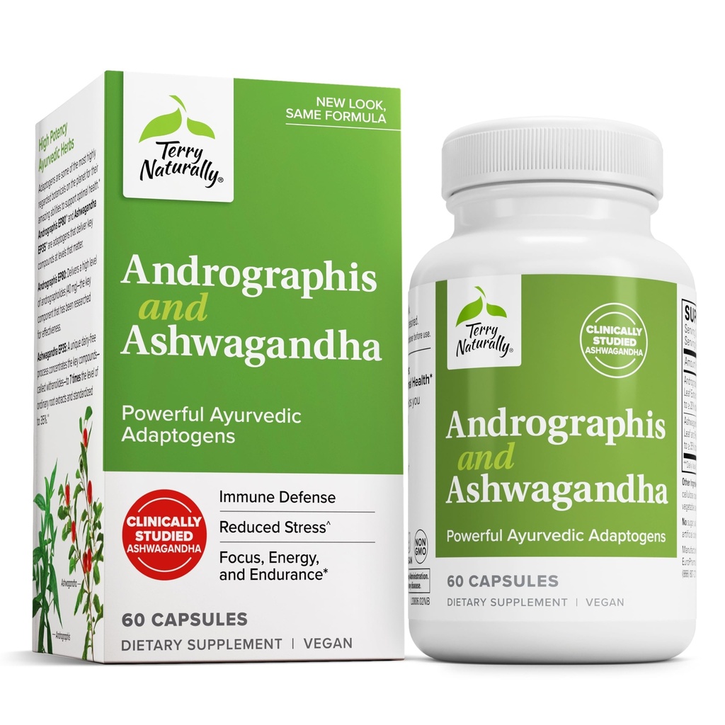 Terry Natural Andrographis i Ashwagandha - Suplement wsparcia systemu immunologicznego - Wsparcie energii i zdrowej reakcji stresowej - Suplement wsparcia energetycznego - 60 Kapsułki (60 Słupki)