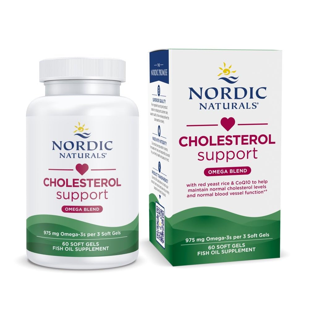Nordic Naturals Cholesterol Support, Lemon - 60 Soft Gels - 975 Omega-3 + Red Yeast Rice & CoQ10 - Normalny Cholesterol, Wsparcie przeciwutleniające - EPA & DHA - Non-GMO - 20 Służenie