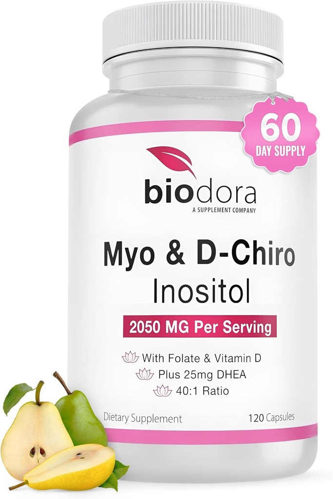Myo & D- Chiro Inositol Suplement, z folianem i witaminą D, 40 do 1 Stosunek, Zawiera DHEA, Pomaga w równowagi hormonalnej, funkcji jajników, 2050mg na serwowanie, 120 Kapsułki