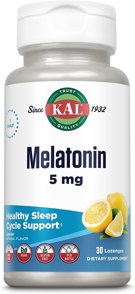 KAL Melatonina 5 mg Sleep Aid Lozenges, Melatonin Suplement wspomaga jakość snu, uspokojenie i zdrowy cykl snu, z dodatkiem witaminy B6, Wegetarianin, Natural Lemon Flavor, 30 Lozenges