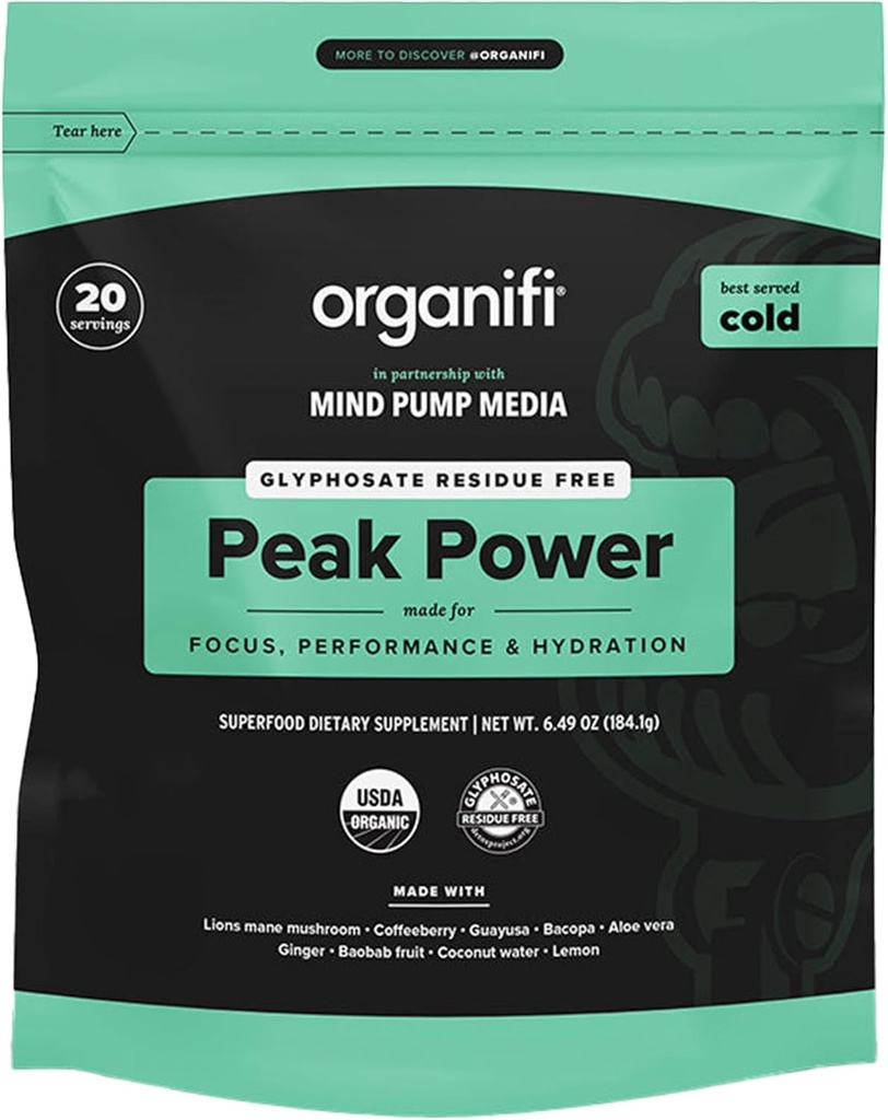 Organifi Peak Power, Pre Workout Proszek do wspomagania nawadniania, z grzywą Lwa i Guayusa