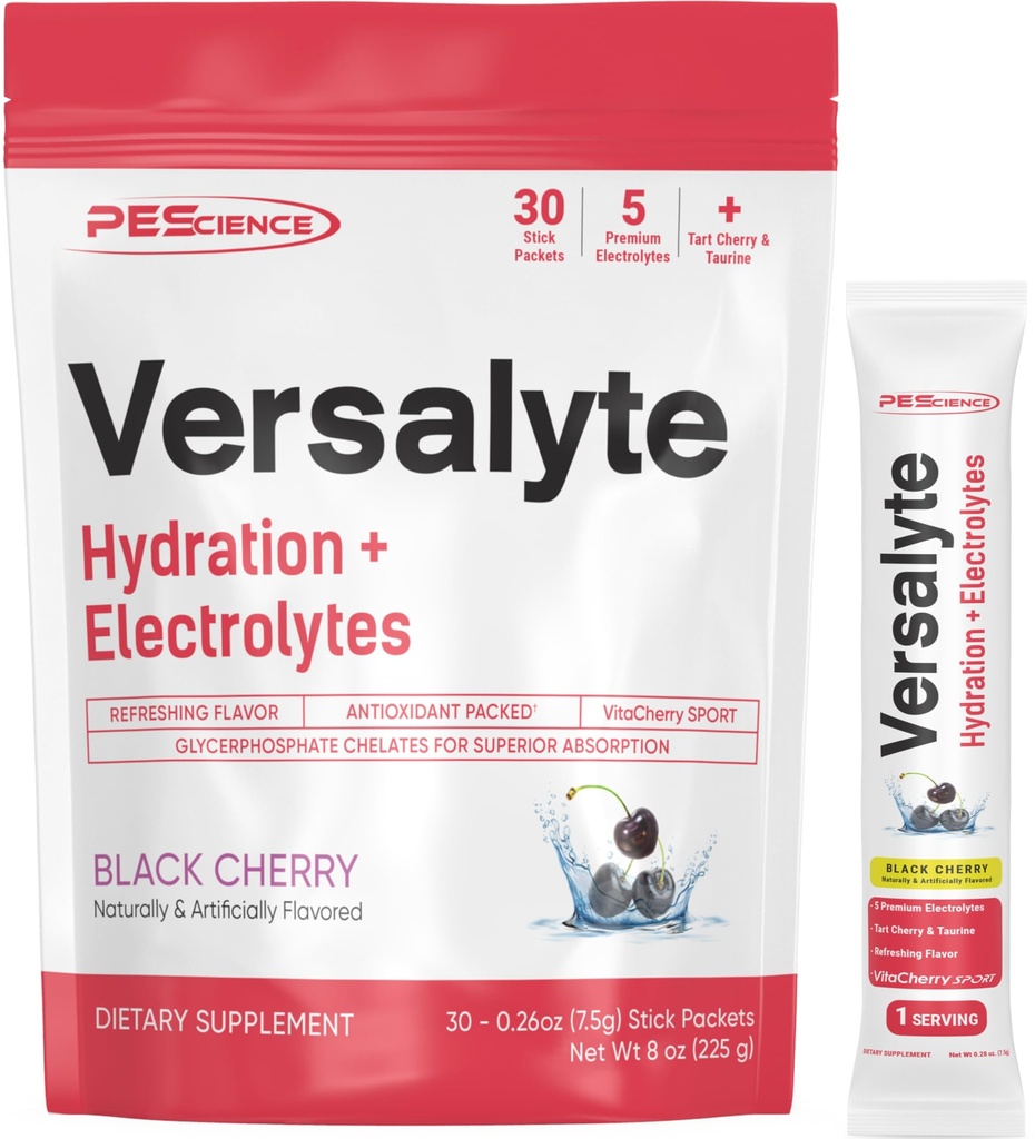 Pescience Versalyte Electrolyte Hydration Pakiety, Proszek bez cukru Electrolyte z magnezu, Tauryna, Przeciwutleniacze, Minerały śladowe - Black Cherry, 30 Służenie