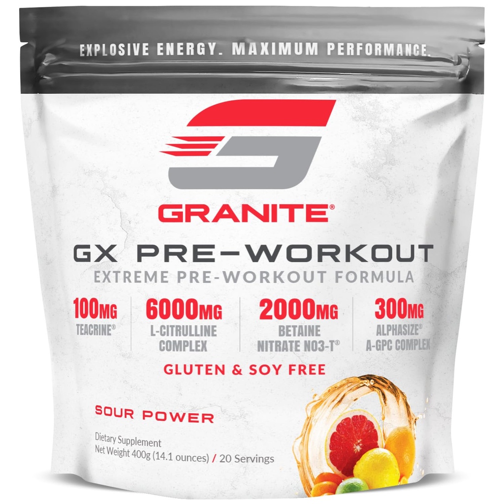 Granite GX PreWorkout Supplement, Sour Power Flavor, Wsparcie Focus, Energia, & Performance z Teacrine, L- Citrulline, Betaine, & A- GPC (20 Służenie)