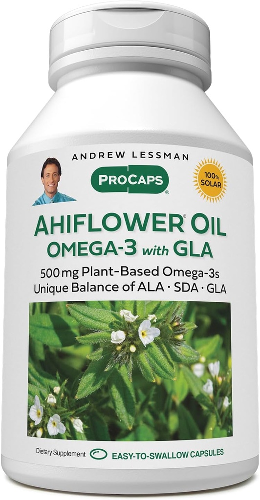 ANDREW LESSMAN Ahiflower Omega-3 z GLA - 120 Softgels - Uniquely Balanced, Plant-based Source of Essential Omega-3 Kwasy tłuszczowe. Brak żołądka, skażenia czy rtęci. Łatwe do połknięcia