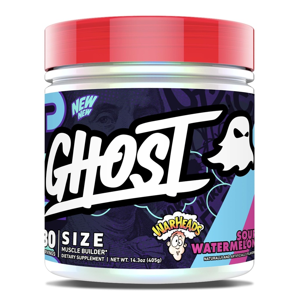 GHOST Rozmiar V3 Muscle Builder Dietary Supplement - Warheads Sour Artermelon, 30 Sług - Wsparcie wzrostu mięśni i budowania siły dla mężczyzn i kobiet - Creaine & Betaine - Wolny od cukru i gluten