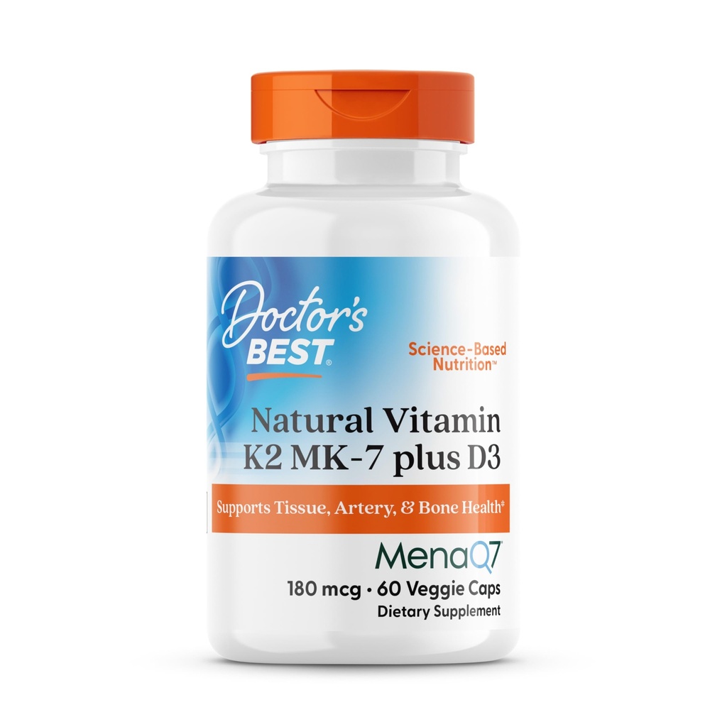 Doctor's Best Natural Vitamin K2 MK-7 Plus D3 - VIT D3 and K2 MK7 Supplement for Men & Women, Supports Tissue, Artery, & Bone Health, Non-GMO, Gluten Free, Soy Free, Vegetarian - 60 Veg Caps