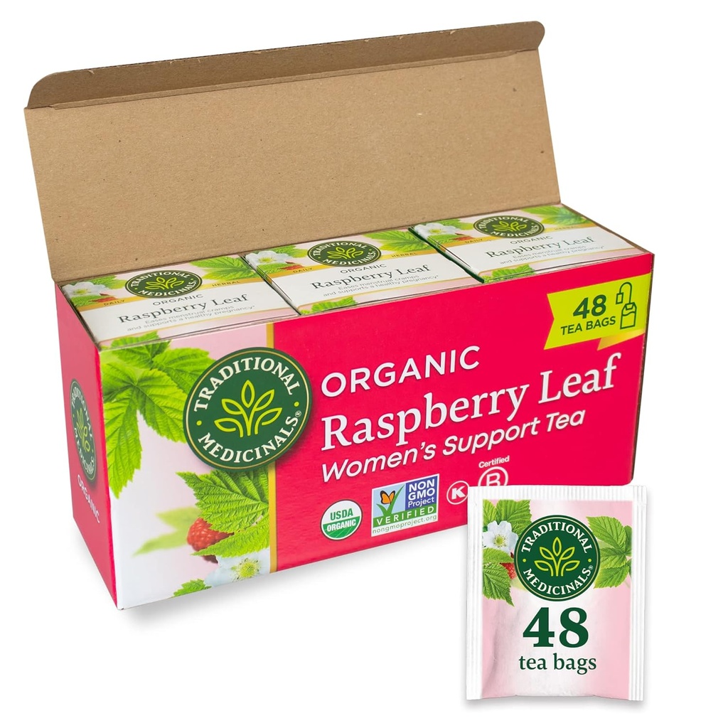 Tradycyjne Medicinals Tea, Organic Malina Leaf, Łagodzi skurcze menstruacyjne, Wspiera zdrową ciążę, 48 torby herbaty (3 Pack)