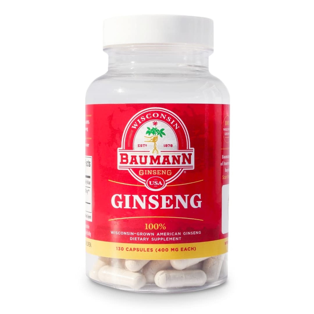Baumann Wisconsin Ginseng kapsułki 130 Tabletki 400 mg - Czysty amerykański ekstrakt korzenny Ginseng w proszku w każdym kieliszku - 100% Natural Panax Ginseng Supplement for Immune Support, Focus and Energy