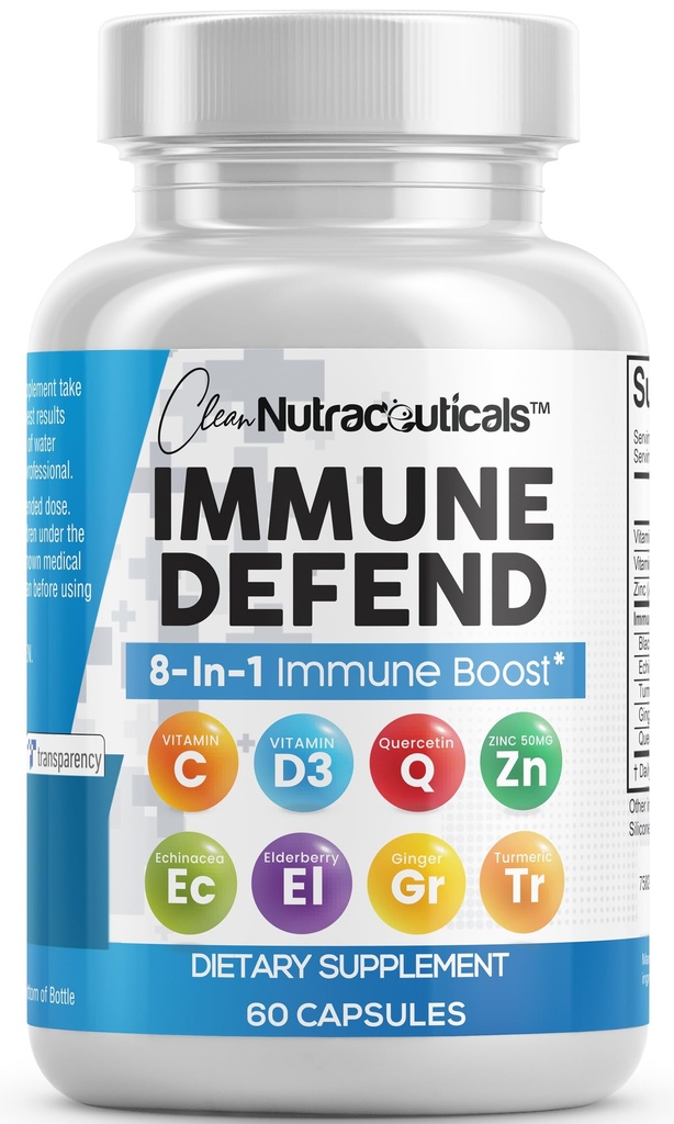 Czyste Nutraceuticals immunologicznego wsparcia suplement 8 w 1 z cynku 50mg Quercetin, VIT C 1000mg, Witamina D3 5000 IU, Elderberry, Ginger - Immunitet System Booster dla dorosłych, Wegan - 60 Hrabia