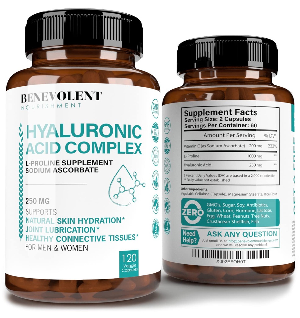 Suplementy kwasu hialuronowego 250 mg z 200 mg witaminy C, 1000mg L- Proline & Anti-Aging Benefits, Hyaluronic Acid Capsules for Youth Skin, Joints & Connective Tissue Health - 120 kapsułki