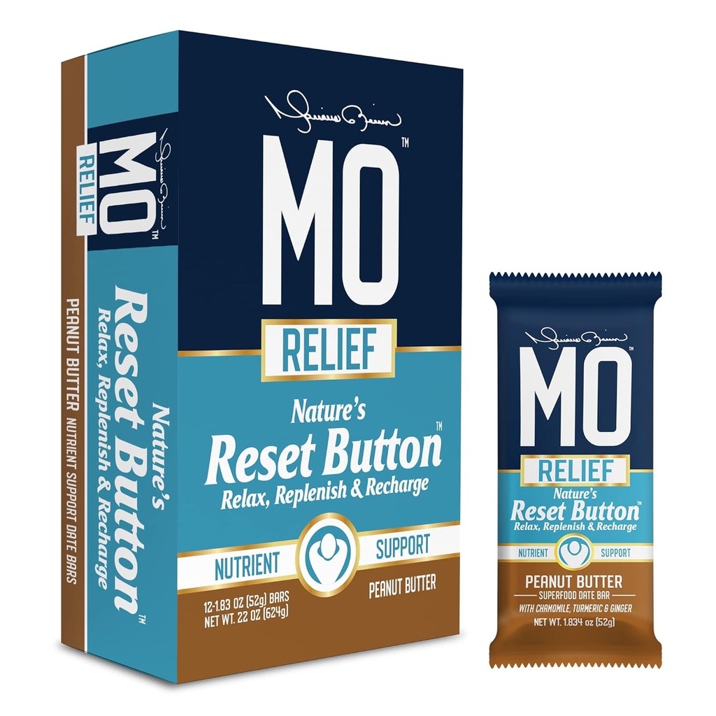 "MO RELIEF" BARS - All- Natural Superfood Snack Bar - Recovery Snack Bars - Po treningu Wsparcie odżywcze z datami, Rumianek, Turmeric, & Ginger - (12 barów w pudełku) (Masło orzechowe)