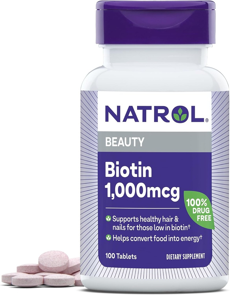Natrol Beauty Biotin 1000mcg, Dietary Supplement for Healthy Hair, Skin, Nails and Energy Metabolism, 100 Tablets, 100 Day Supply (Pack of 12)