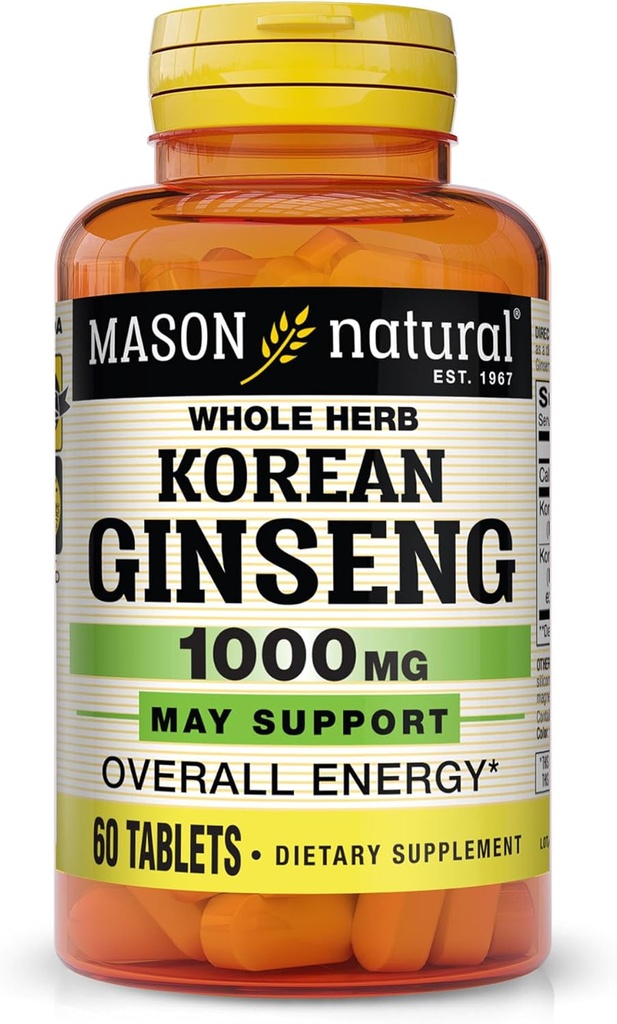 MASON NATURAL koreański Ginseng 1000 mg, wspiera energię, wytrzymałość i witalność, 60 tabletek