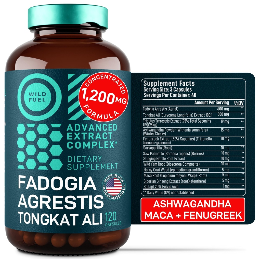 Fadogia Agrestis i Tongkat Ali Supplement - 600mg Fadogia Agrestis for Men, 500mg Longjack Tongkat Ali, Ashwagandha Maca Fenugreek Complex - Siła mięśni, Energia, Wsparcie nastrojów - 120 Kapsułki