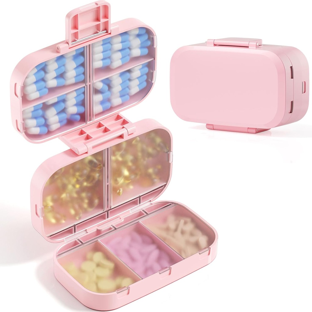 MEACOLIA Triple- Składany Pill Organizator, 9 Komory Travel Pill Case o dużej pojemności, Codzienne Pudełko Pill Mały pojemnik na pióro do witaminy, Olej z wątroby dorsza, Suplementy (różowy)