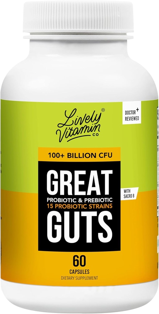 LIVELY VITAMIN CO. Great Guts Probiotic - 100 Miliard CFU Probiotic - Balance Gut Microbiome, GI Tract, Zapalenie, Niestrawność, Refluks, Zdenerwowany stomach, & Biegunka - 60 Czapki