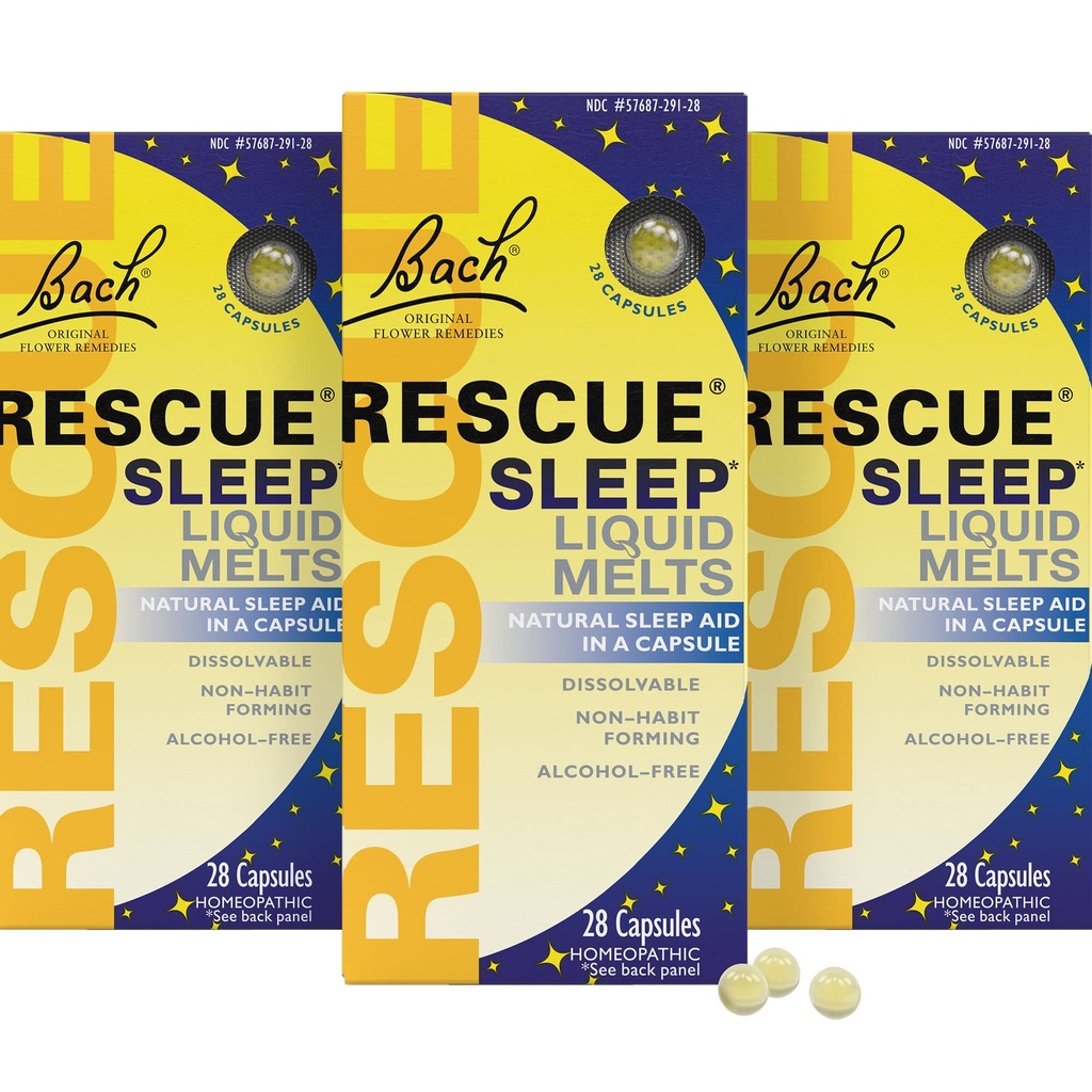 Rescue Bach Sleep płynne topnienia, Natural Orange Vanilla Flavor, Natural Seep Aid, Stress Relief, Homeopatyczna Esencja Kwiatu, wolne od melatoniny, Non-Alkohol, 3 Pack, 28 Count Each