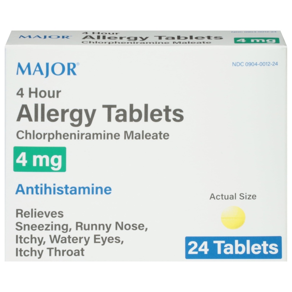 MAJOR 4-godzinne tabletki alergiczne - maleinian chlorfeniraminy 4 mg - antyhistamina - 24 liczenie (1 opakowanie)