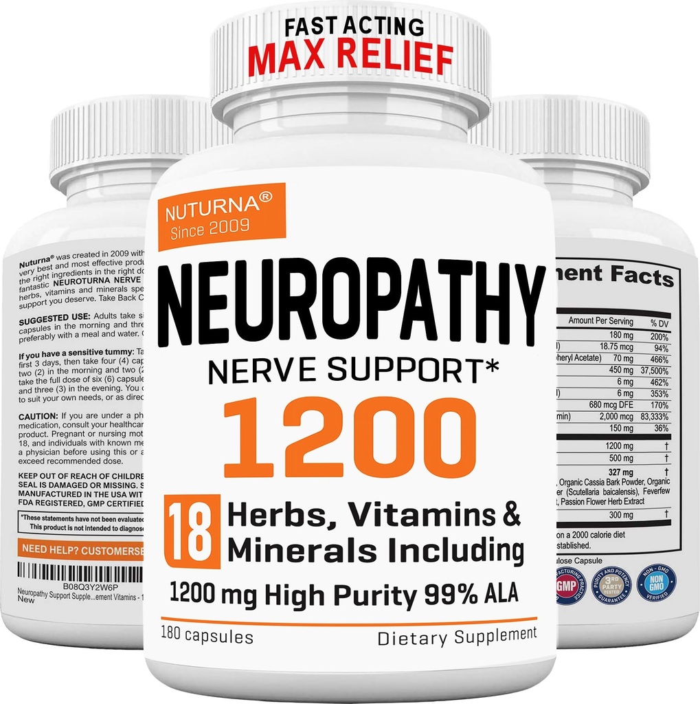 Neuropatia Supplement Supplement z 1200 mg HP- 99 Alpha Lipoic Acid - Max Siła ALA Nerve Formuła dla nóg ręce nogi nogi - Ultra Potent 18 w 1 Natural Peripheral Nerve Vitamin - 180 Kapsułki