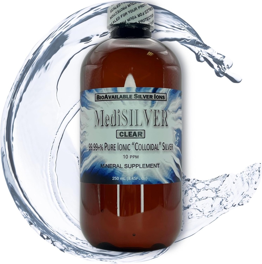 MediSILVER Clear True Free Jonowe Colloidal Silver Dietetic Supplement - 250 ml (8.45 Fl Oz) w butelce z tworzywa sztucznego BPA- free