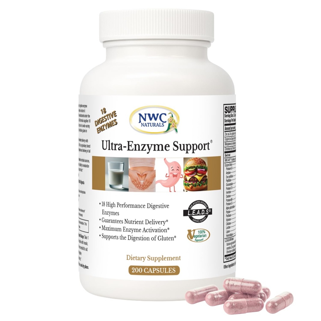 NWC Naturals Ultra- Enzyme Support, Natural Digestive Supplement, Promotes Optymalne zdrowie i trawienie, 200 liczenie kapsułki