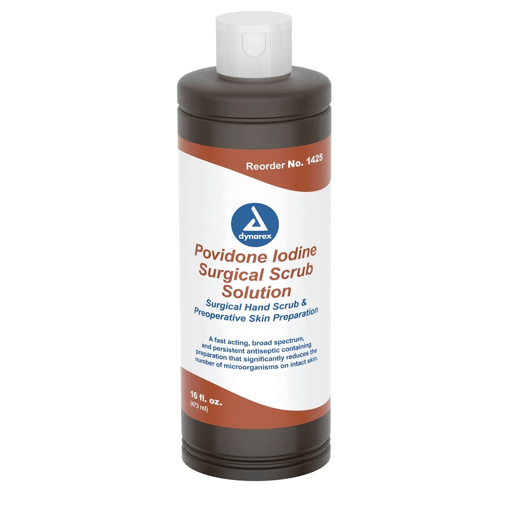 Dynarex Povidone- Jod Scrub Solution, Antiseptic Solution for Skin and Mucosa, Idealny do przygotowania miejsca chirurgicznego, Zawiera powidon jodu 7,5%, 16 fl. oz., 1 Butelka