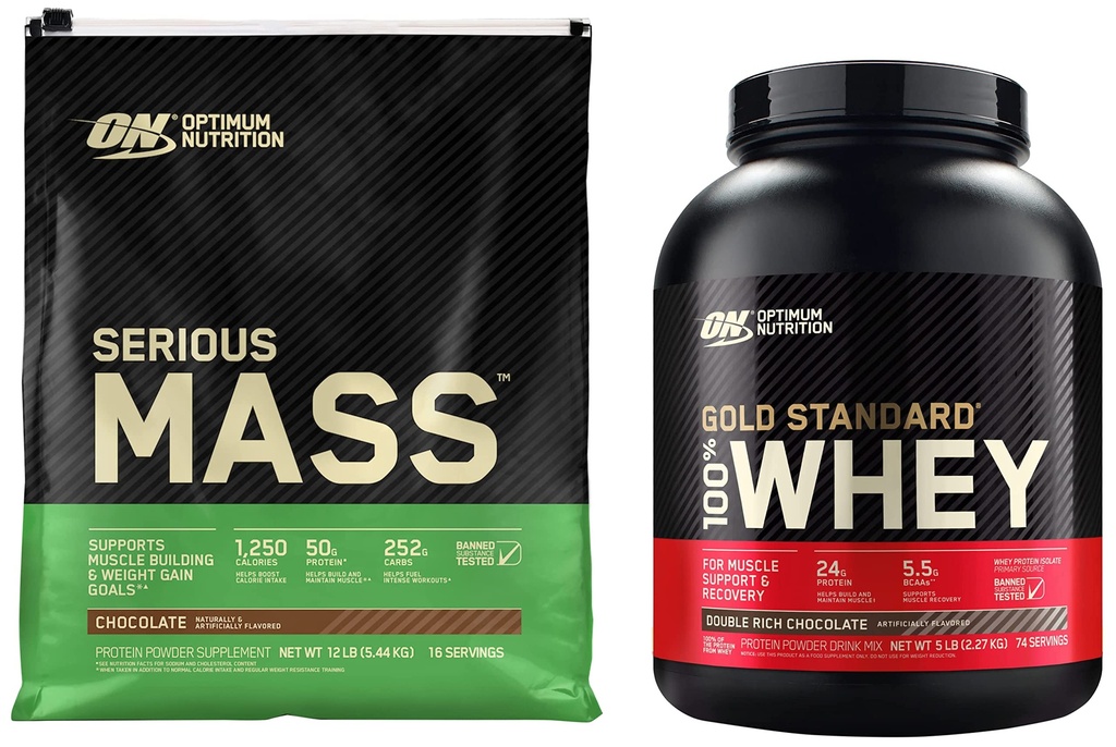 Optimum Nutrition Ciężka masa Gainer Protein Powder & Gold Standard 100% Proszek białka serwatki, Podwójnie bogata czekolada, 5 Funt (Opakowanie może Vary)