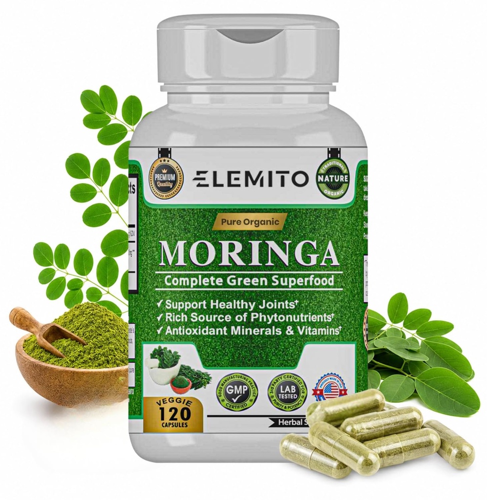 Kapsułki Moringa, Proszek Pure Leaf, Zielony Superfood, Energia, Metabolizm, & Wsparcie immunologiczne, Non-GMO, Wegan, Gluten- Free - 120 Kapsułki