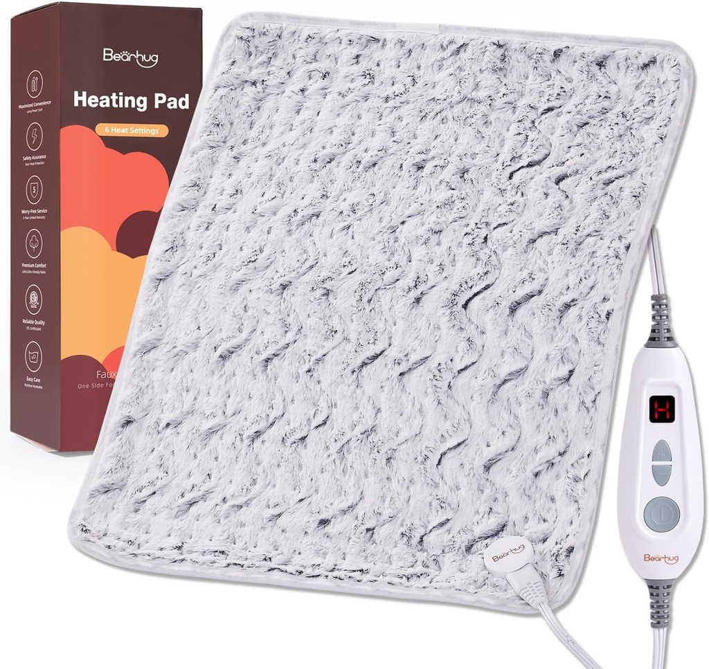 Bearhound XL Electric Heating Pad 20 "x24" Podwójnie ogrzewane Faux Fur Pad, 6 poziomów ciepła, 2H Auto- Off, Moist & Dry Heat Therapy for Back Pain Relief, Prasowalne maszyny, ETL Certified, Pudełko na prezenty