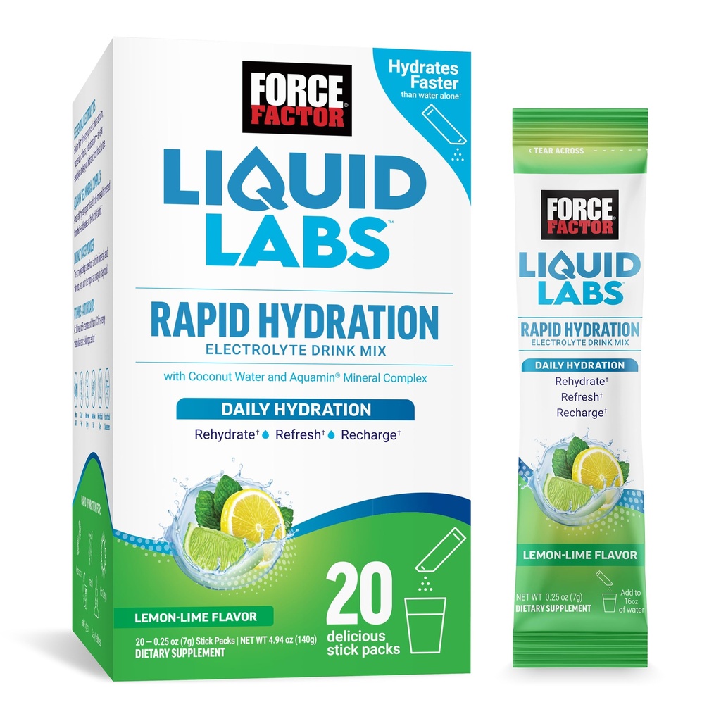 Force FACTOR Liquid Labs Pakiety proszkowe Electrolytes - Lemon Lime - Pakiety nawadniające do wytwarzania wody elektrolitowej z 5 Esencjalnych elektrolitów, Witaminy, Minerały i Antyutleniacze, 20 Pakiety stick