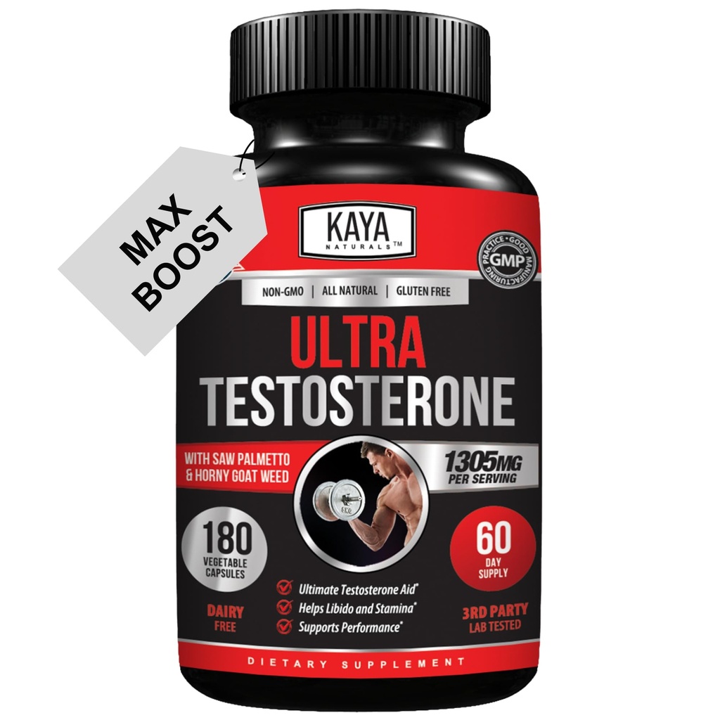 Kaya Naturals UltraTest- Men 's T Booster z Tongkat Ali, Horny Goat Weed, Tribulus - Natural Workout Supplement for Energy, Stamina, and Strength Booster - 180 Count