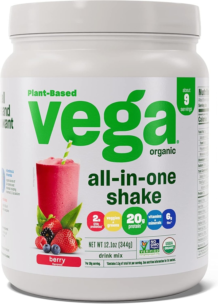 Vega Organic All- in- One Vegan Protein Powder, Berry - Superfood Składniki, Witaminy do wspierania odporności, Keto Friendly, Pea Protein for Women & Men, 12.1 oz (Packaging May Vary)