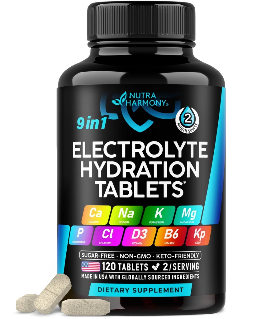Elektrolity - Tabletki elektrolityczne z magnezem, Sodu, Potas, Chlorek, Witaminy D3 & B6, Proszek Kelp - Pigułki solne - Made in USA - Tabletki doustne jako kapsułki - Vegan & Keto Friendly - 120 Tabs