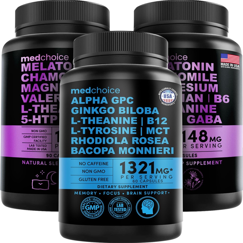 MEDCHOICE Melatonina senna (180ct) i mózg nootropowy (60ct) Suplement Bundle - Wellness Duo for Sleep, Mózg, Focus, & Mood Support - Wegan, Non-GMO, Gluten- Free