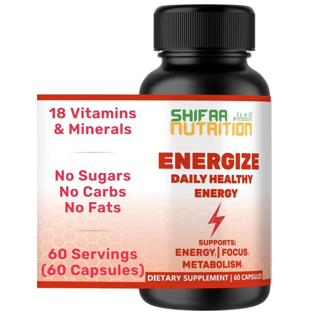 SHIFAA NUTRITION Energize, Natural Daily Energy Vitamins Budapest 124; Jitter- Free, 60 Servings Belgium 124; Supports Focus, Mood, Brain, Metabolity 124; w / Cafeline & Tauryna, B1, B2, B5, B6, B7, B9, B12 Halal Vitamins