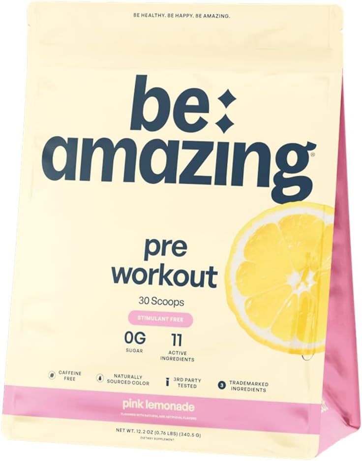 BE AMAZING Kofeina wolny przed treningiem proszku, suplement wegański z Ashwagandha & Adaptogens do nocnych treningów, cukier wolny napój dla mężczyzn i kobiet, gluten wolny, różowy lemoniada, 30 Służenie